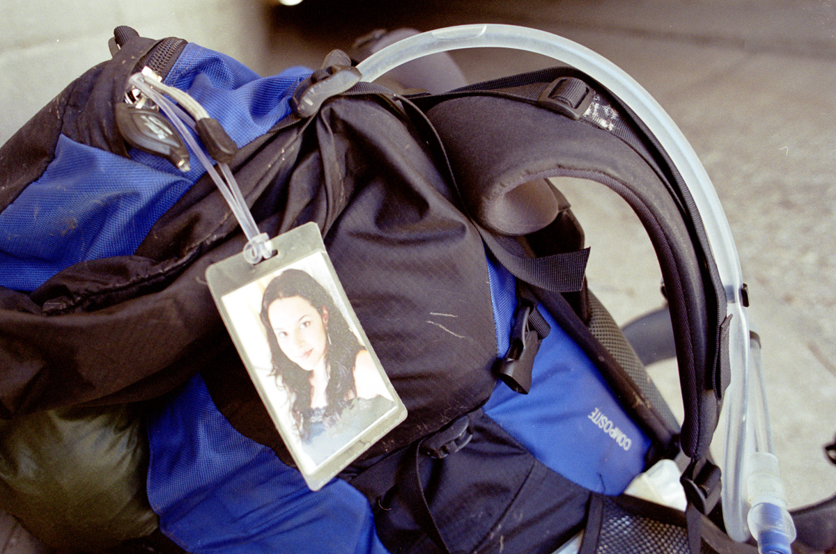 Backpack with a photo of my girlfriend at the time.