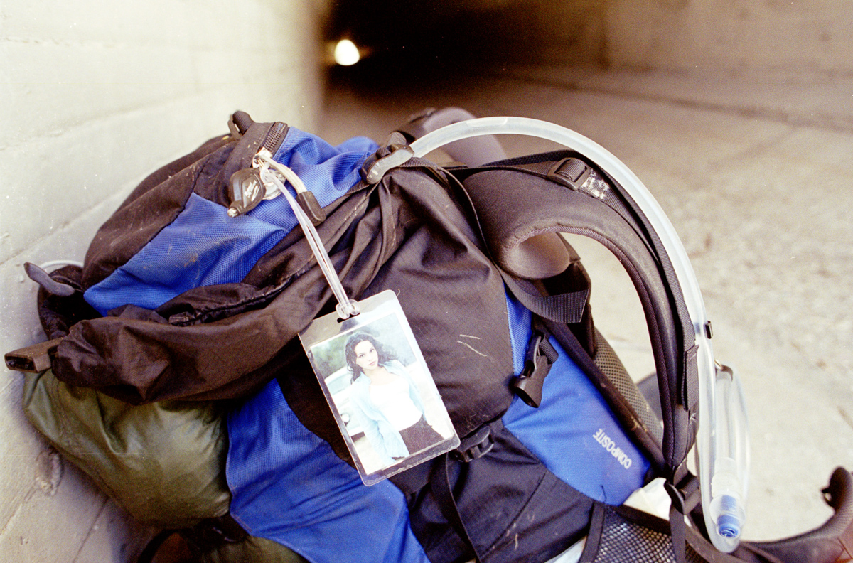Backpack with a photo of my girlfriend at the time.