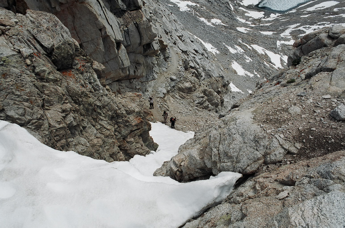 Looking down from Forester Pass at some fellow hikers.
