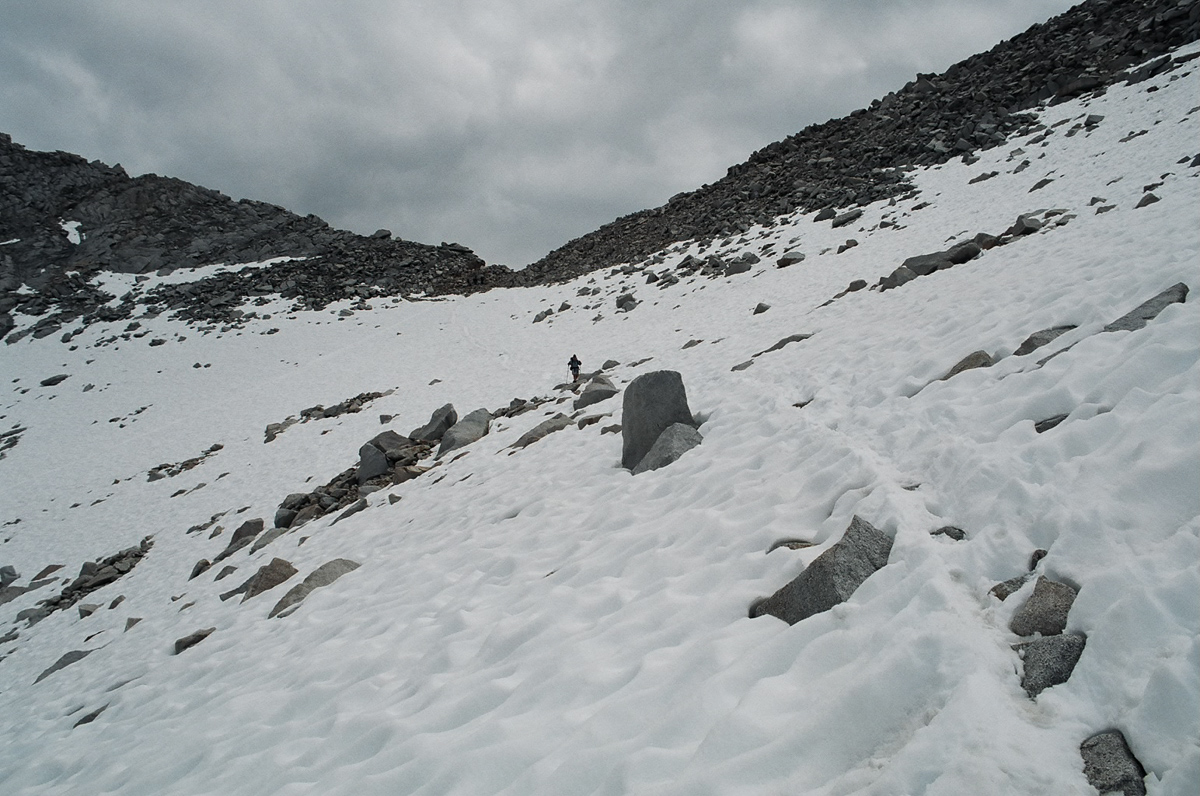 Snow covered descent on the north side of Forester Pass.